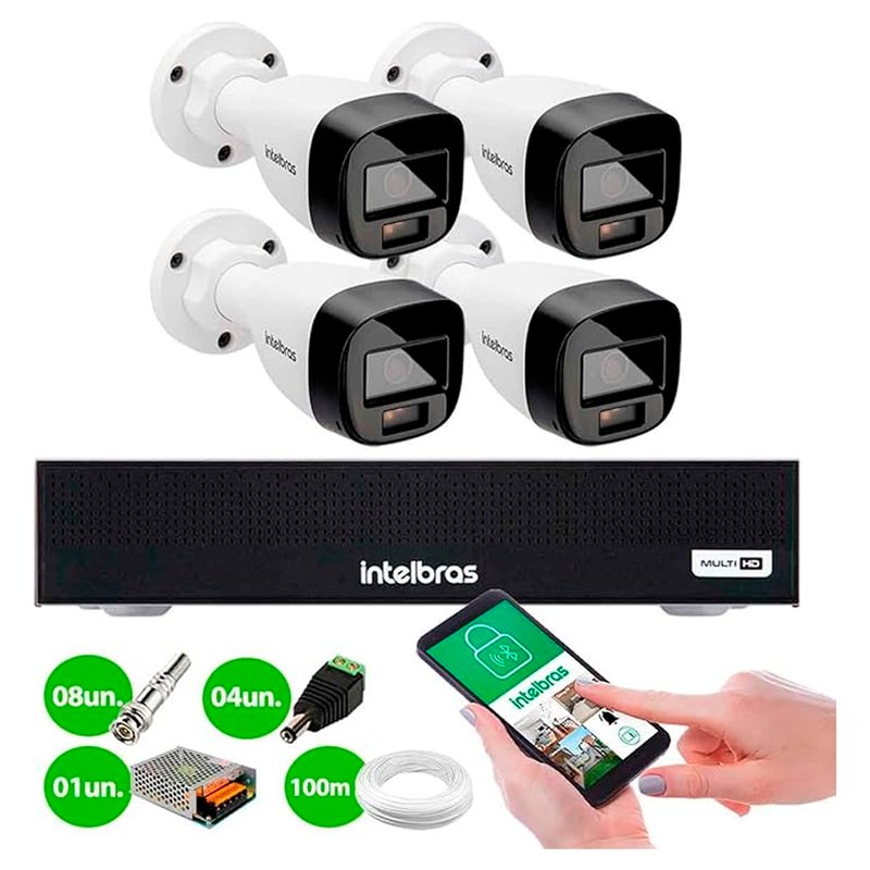 Kit 4 Câmeras Intelbras Vhd 1220 B G7 Full Color Bullet Full Hd 1080p Multi Hd Ir 20m + Dvr Intelbras Mhdx 1004-c 4 Canais