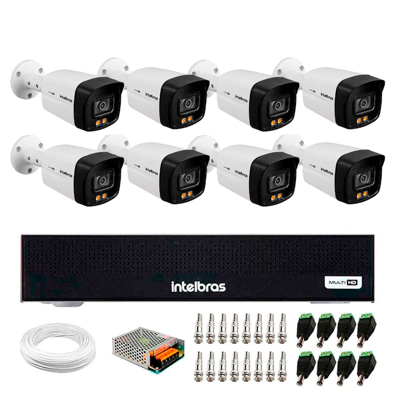 Kit 8 Câmeras Intelbras Vhd 1220 B G7 Full Color Bullet Full Hd 1080p Multi Hd Ir 20m + Dvr Intelbras Mhdx 1004-c 8 Canais